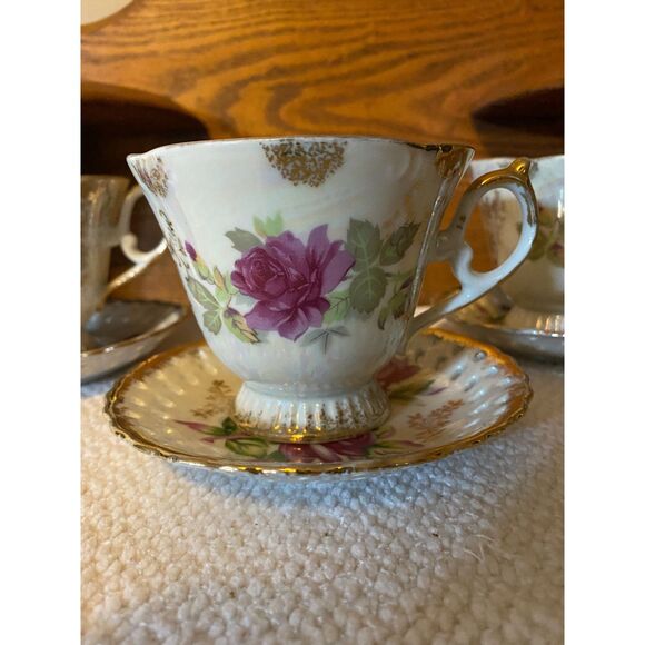 3 Manna Rose/Gold Lusterware Pedestal Cups with Reticulated Saucers - Picture 2 of 10